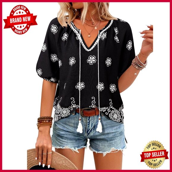 Tops - Boho Floral Blouse Loose Fit V-Neck Short Sleeve Summer Vacation Top
